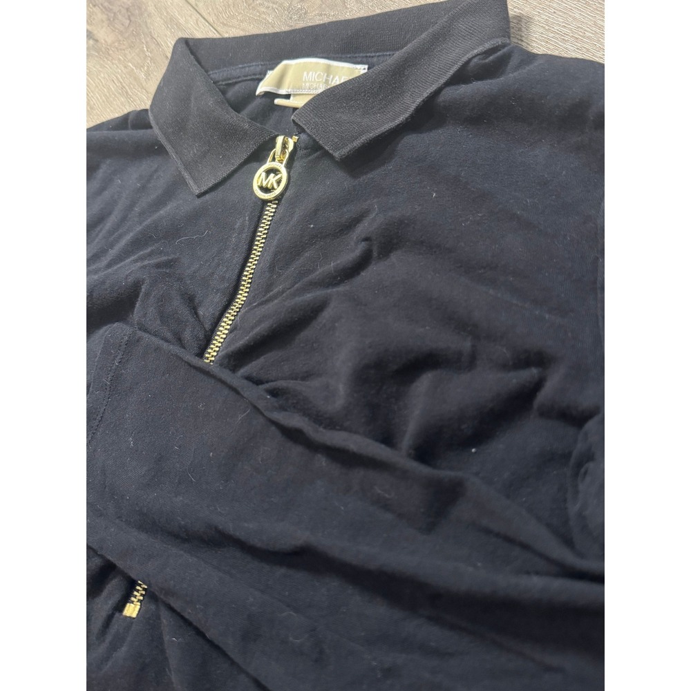 Michael Kors Womens Black Long Sleeve Half Zip Polo Top Gold MK Logo Pull P/M